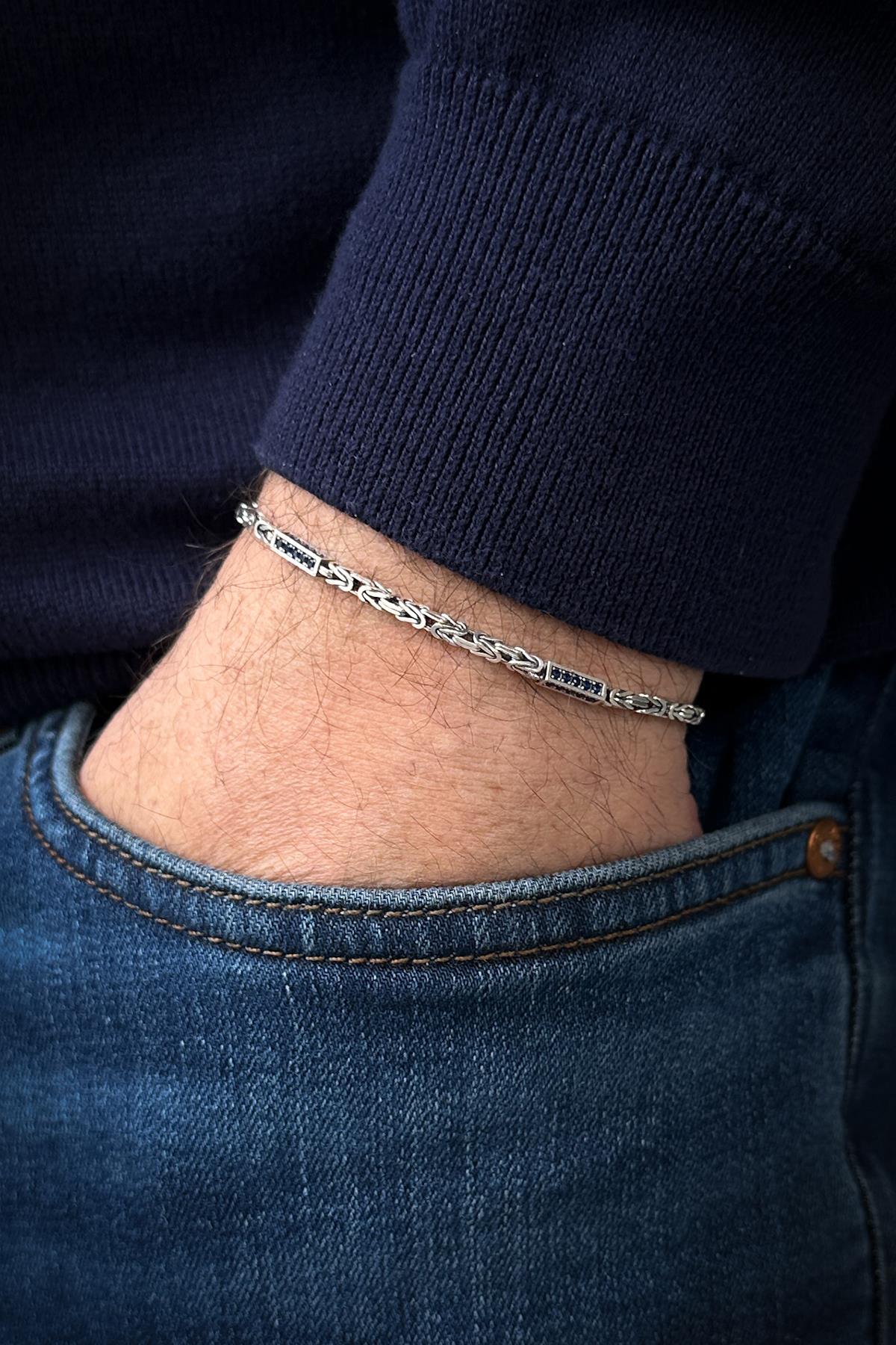 FRNCH 925 Ayar Gümüş İtalyan Model Lacivert Zirkon Taşlı Gümüş Renk Erkek Bileklik FRJ12476-3476-L