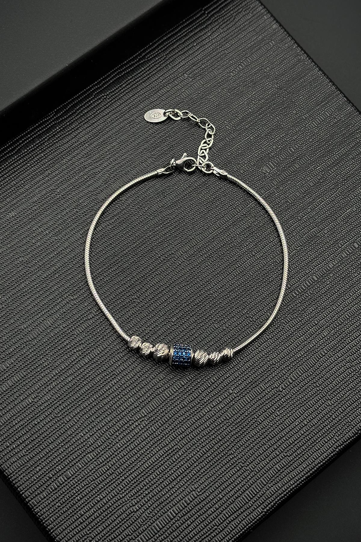 FRNCH 925 Ayar Gümüş İtalyan Model Lacivert Zirkon Taşlı Gümüş Renk Erkek Bileklik FRJ12523-3523-L