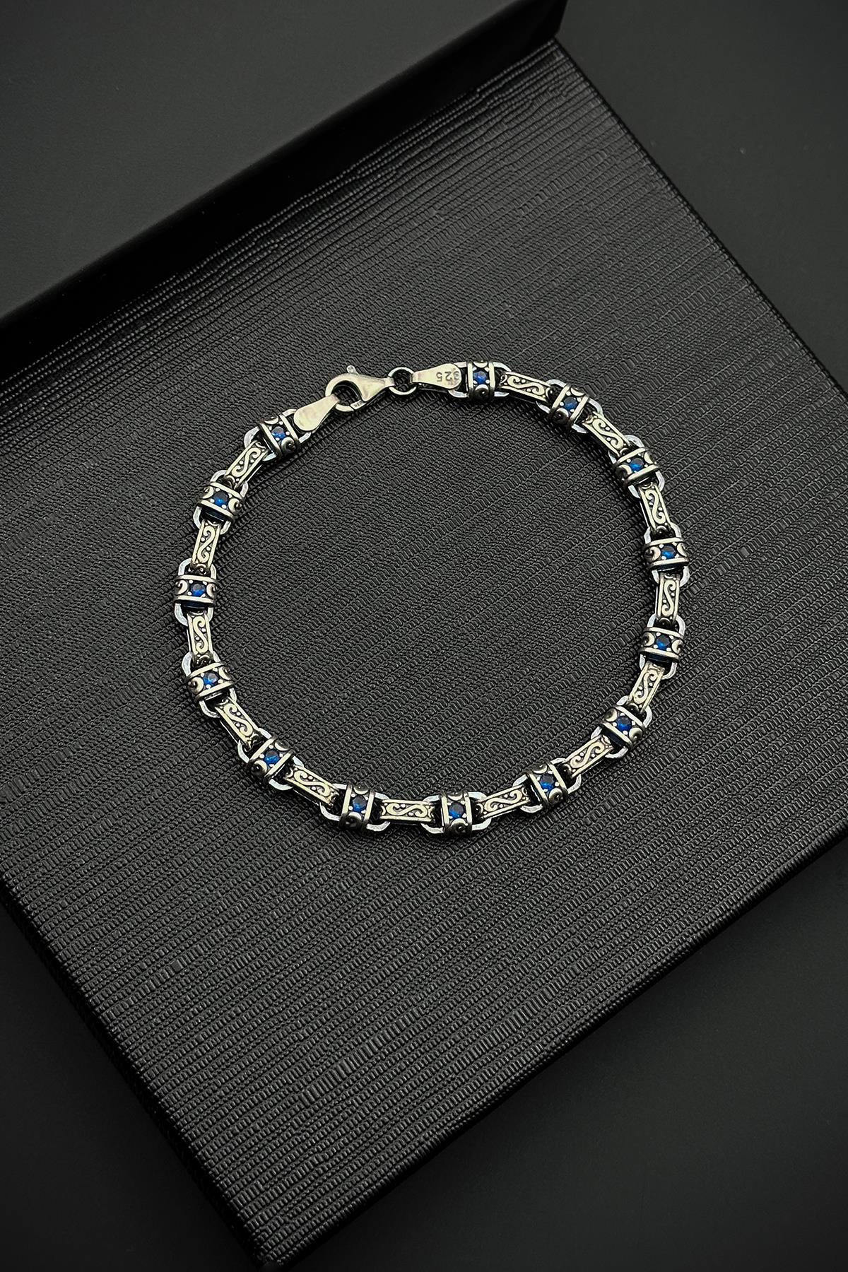 FRNCH 925 Ayar Gümüş İtalyan Model Lacivert Zirkon Taşlı Gümüş Renk Erkek Bileklik FRJ12538-3538-L