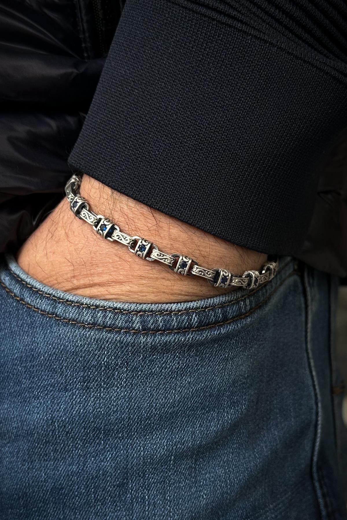 FRNCH 925 Ayar Gümüş İtalyan Model Lacivert Zirkon Taşlı Gümüş Renk Erkek Bileklik FRJ12538-3538-L