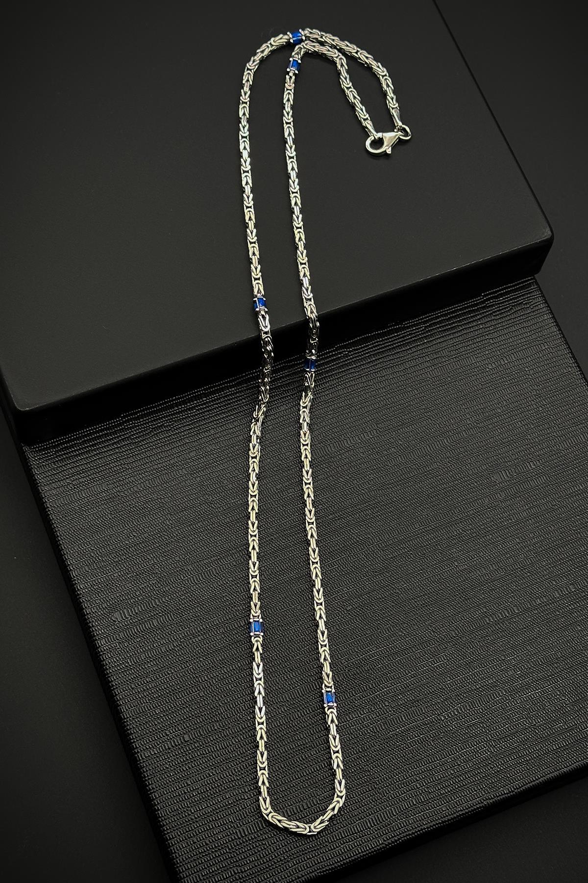 FRNCH 925 Ayar Gümüş İtalyan Model Lacivert Zirkon Taşlı Gümüş Renk Erkek Kolye FRJ30800-900-L