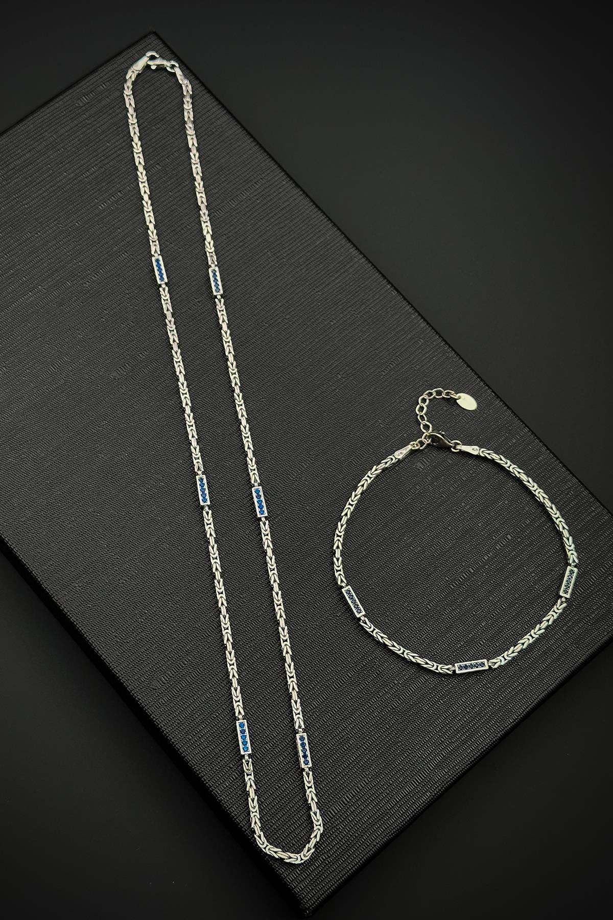 FRNCH 925 Ayar Gümüş İtalyan Model Lacivert Zirkon Taşlı Gümüş Renk Erkek Bileklik/Kolye Set FRJ12609-3609-L