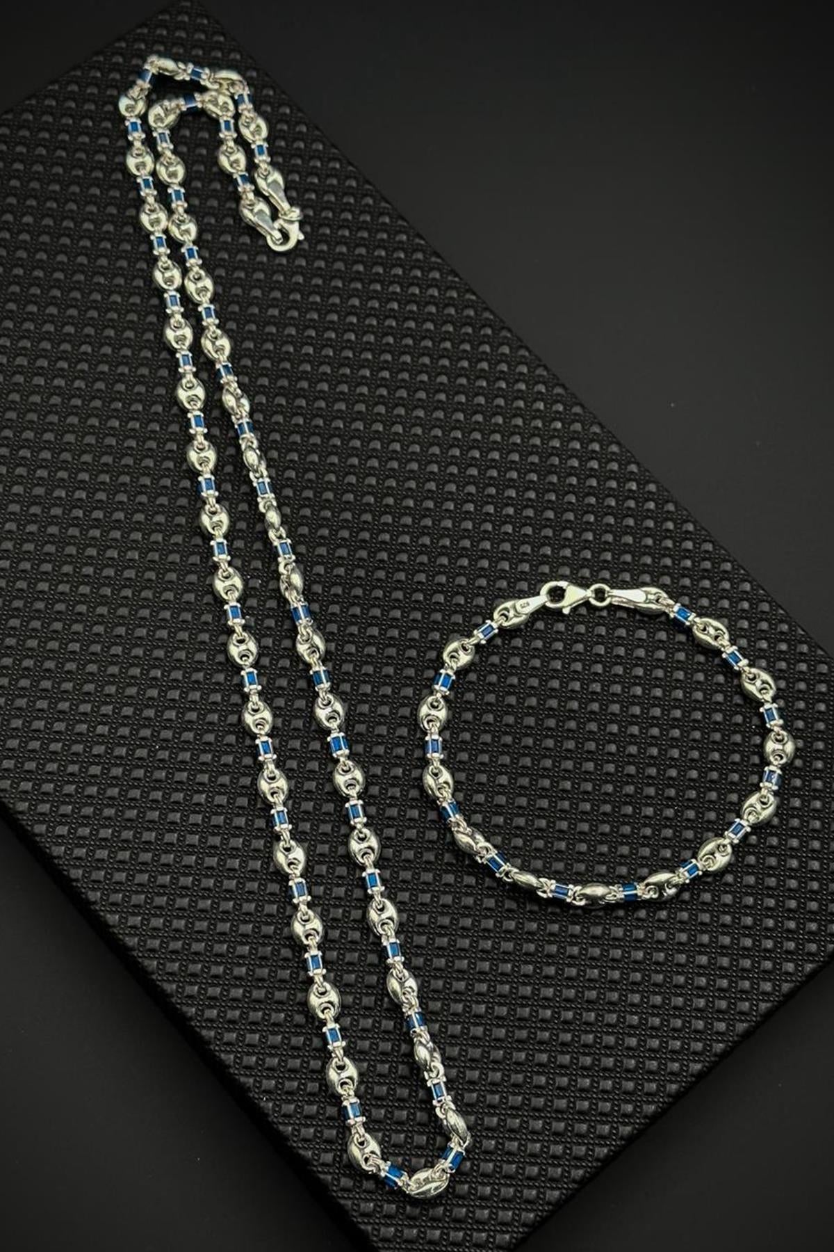 FRNCH 925 Ayar Gümüş İtalyan Model Lacivert Zirkon Taşlı Gümüş Renk Erkek Bileklik/Kolye Set FRJ12715-3715-L