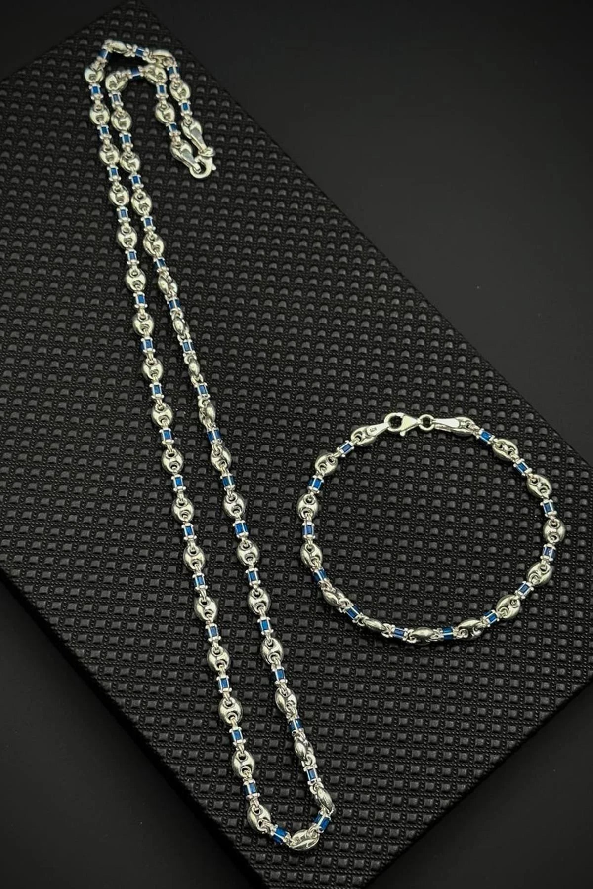 FRNCH 925 Ayar Gümüş İtalyan Model Lacivert Zirkon Taşlı Gümüş Renk Erkek Bileklik/Kolye Set FRJ12715-3715-L