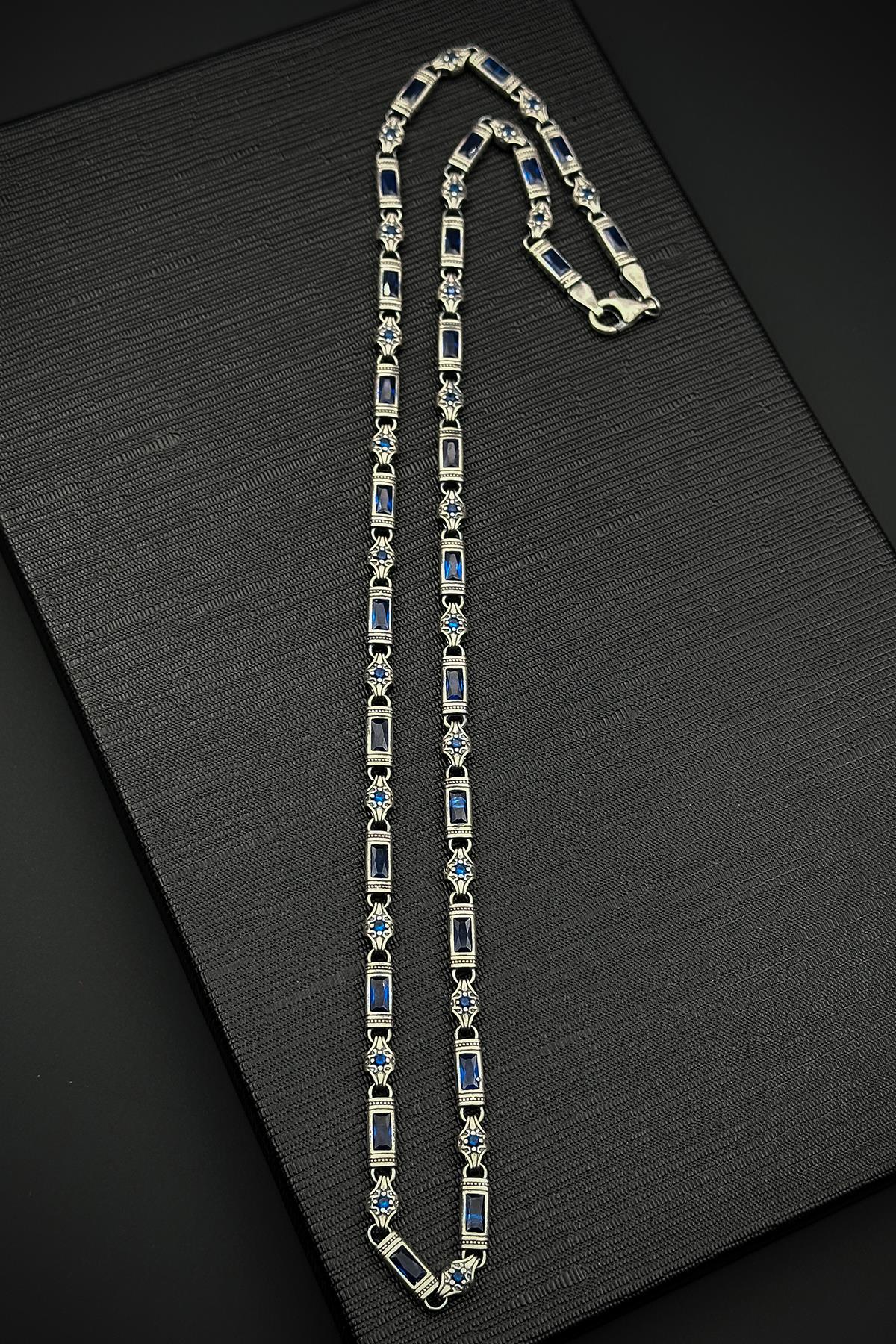 FRNCH 925 Ayar Gümüş italyan Model Lacivert Zirkon Taşlı Gümüş Renk Erkek Kolye FRJ30810-910-L