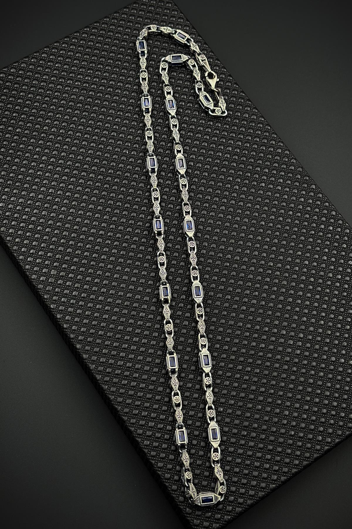 FRNCH 925 Ayar Gümüş İtalyan Model Lacivert Zirkon Taşlı Gümüş Renk Erkek Kolye FRJ30931-1031-L