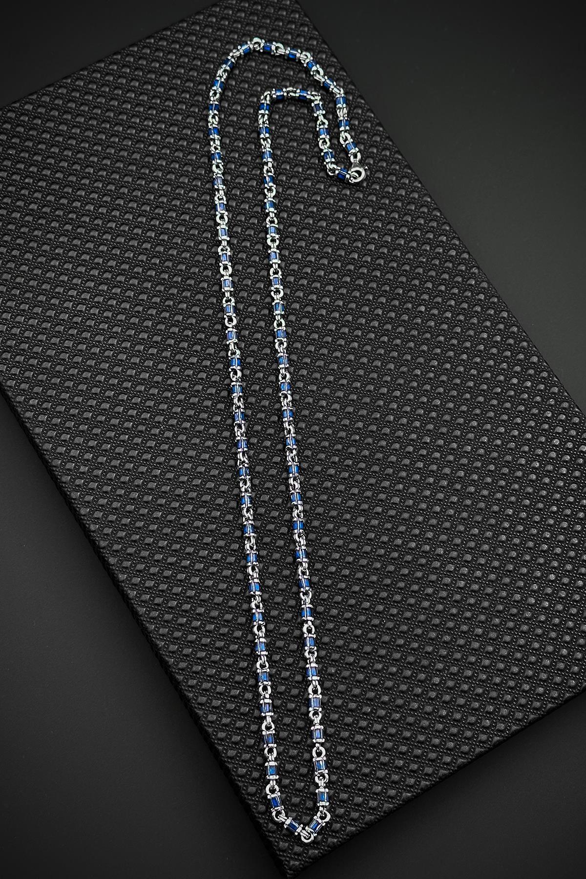 FRNCH 925 Ayar Gümüş İtalyan Model Lacivert Zirkon Taşlı Gümüş Renk Erkek Kolye FRJ30935-1035-L