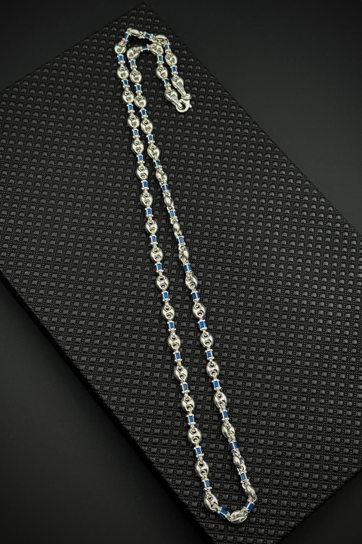 FRNCH 925 Ayar Gümüş İtalyan Model Lacivert Zirkon Taşlı Gümüş Renk Erkek Kolye FRJ30937-1037-L