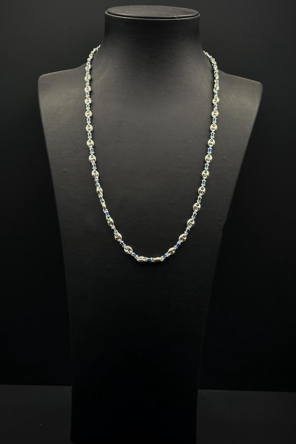 FRNCH 925 Ayar Gümüş İtalyan Model Lacivert Zirkon Taşlı Gümüş Renk Erkek Kolye FRJ30937-1037-L