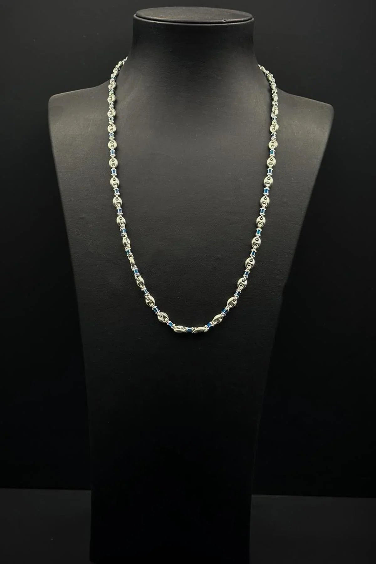 FRNCH 925 Ayar Gümüş İtalyan Model Lacivert Zirkon Taşlı Gümüş Renk Erkek Kolye FRJ30937-1037-L