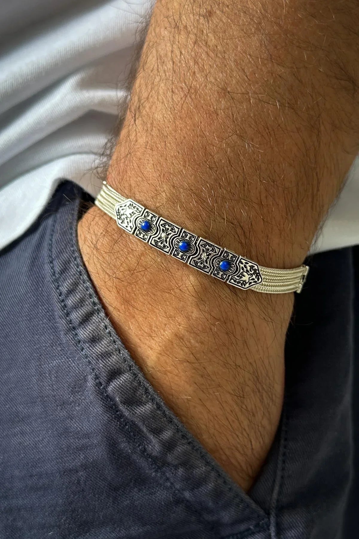 FRNCH 925 Ayar Gümüş İtalyan Model Lapis Lazuli Doğal Taşlı Gümüş Renkli Erkek Bileklik FRJ11937-2037-AL