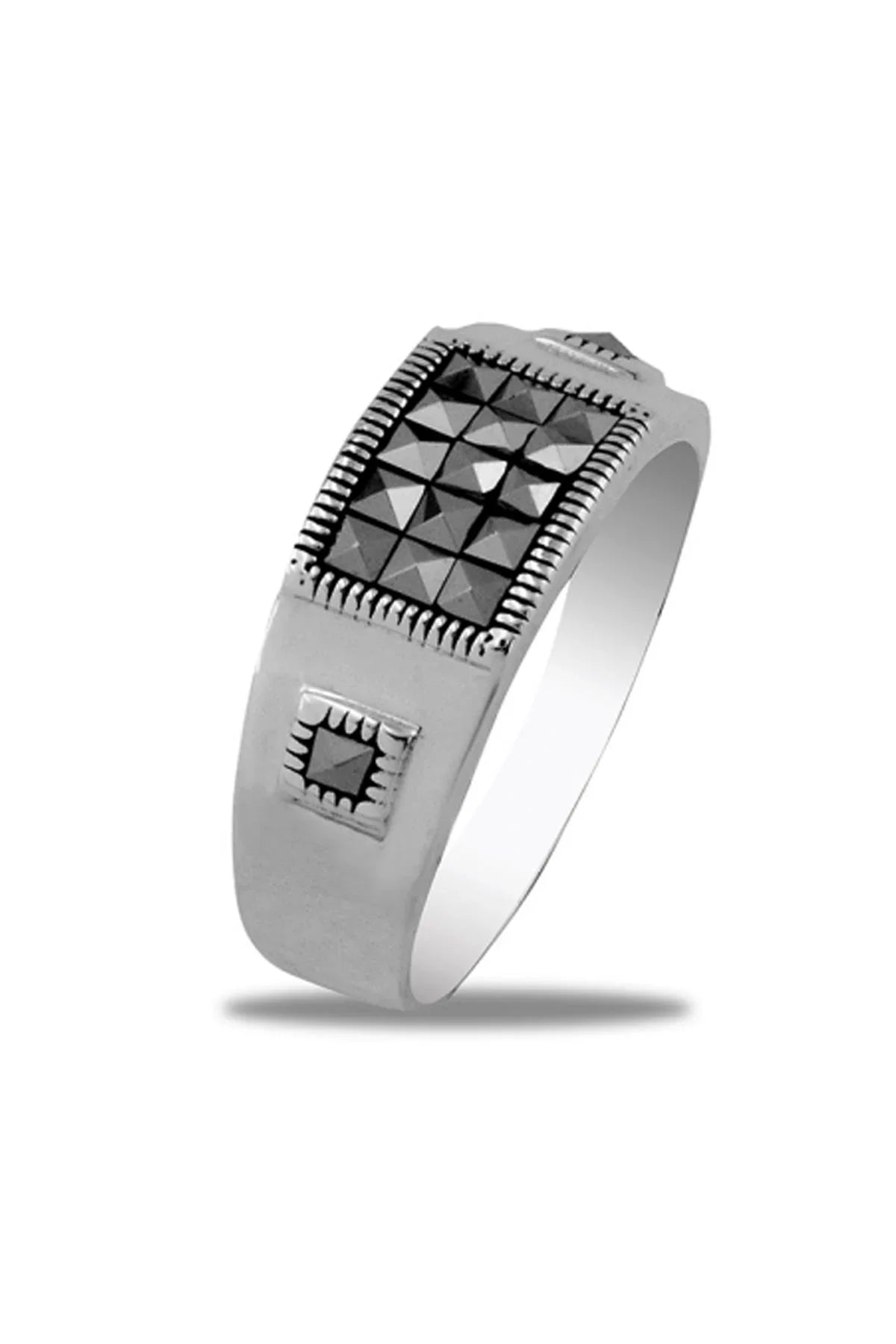 FRNCH 925 Ayar Gümüş İtalyan Model Markazit Taşlı Gümüş Renk Erkek Yüzük FRJ-0103
