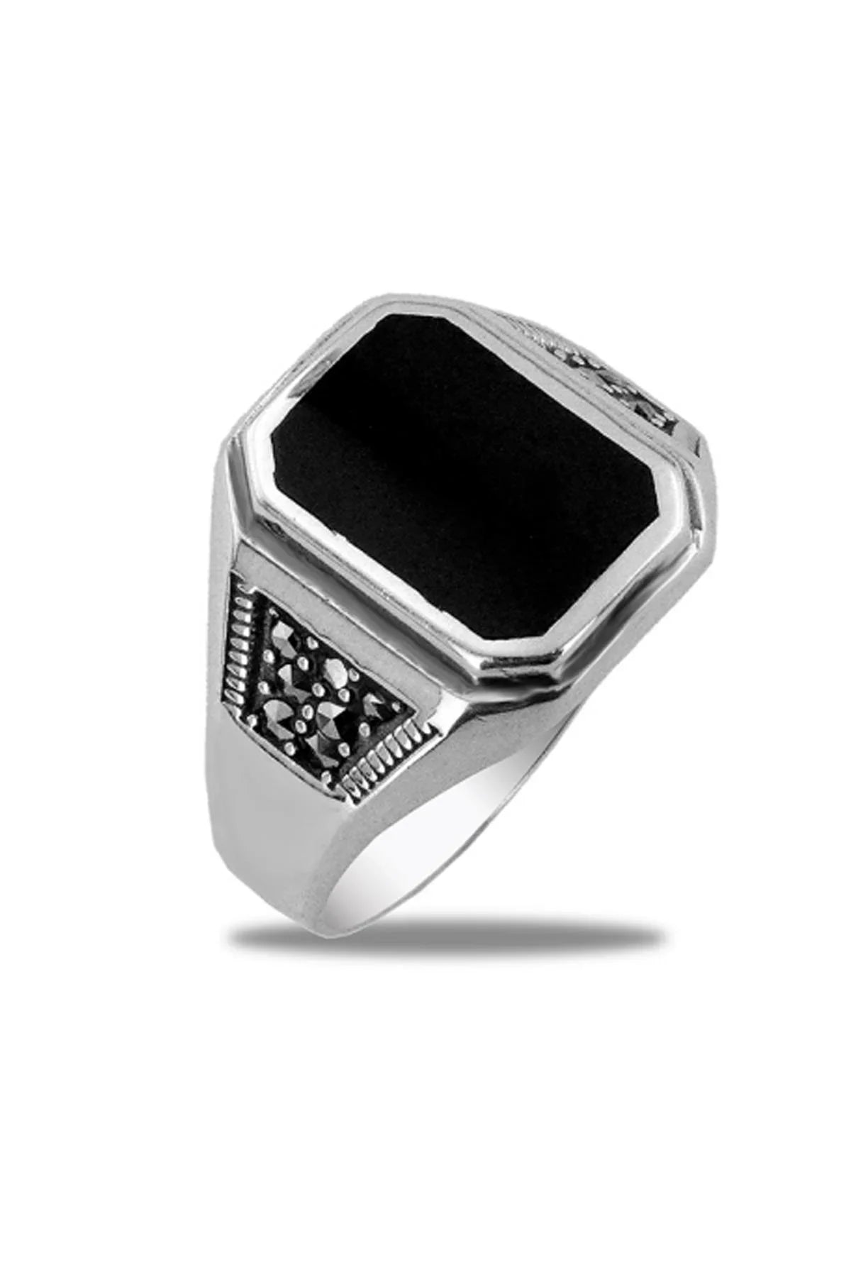 FRNCH 925 Ayar Gümüş İtalyan Model Markazit Taşlı Gümüş Renk Erkek Yüzük FRJ-0104