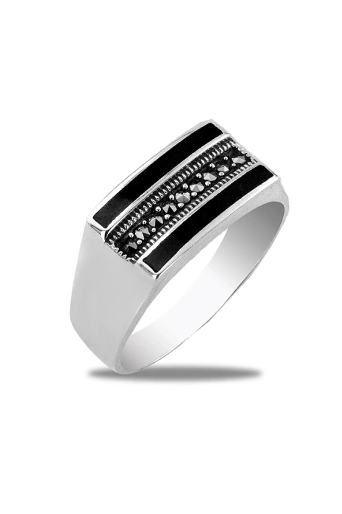 FRNCH 925 Ayar Gümüş İtalyan Model Markazit Taşlı Gümüş Renk Erkek Yüzük FRJ-0110