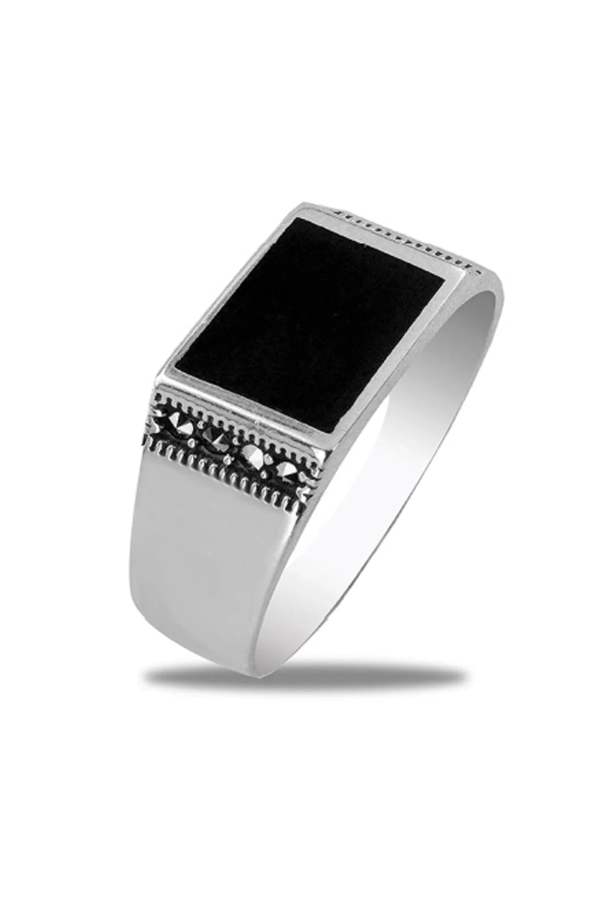 FRNCH 925 Ayar Gümüş İtalyan Model Markazit Taşlı Gümüş Renk Erkek Yüzük FRJ-0118
