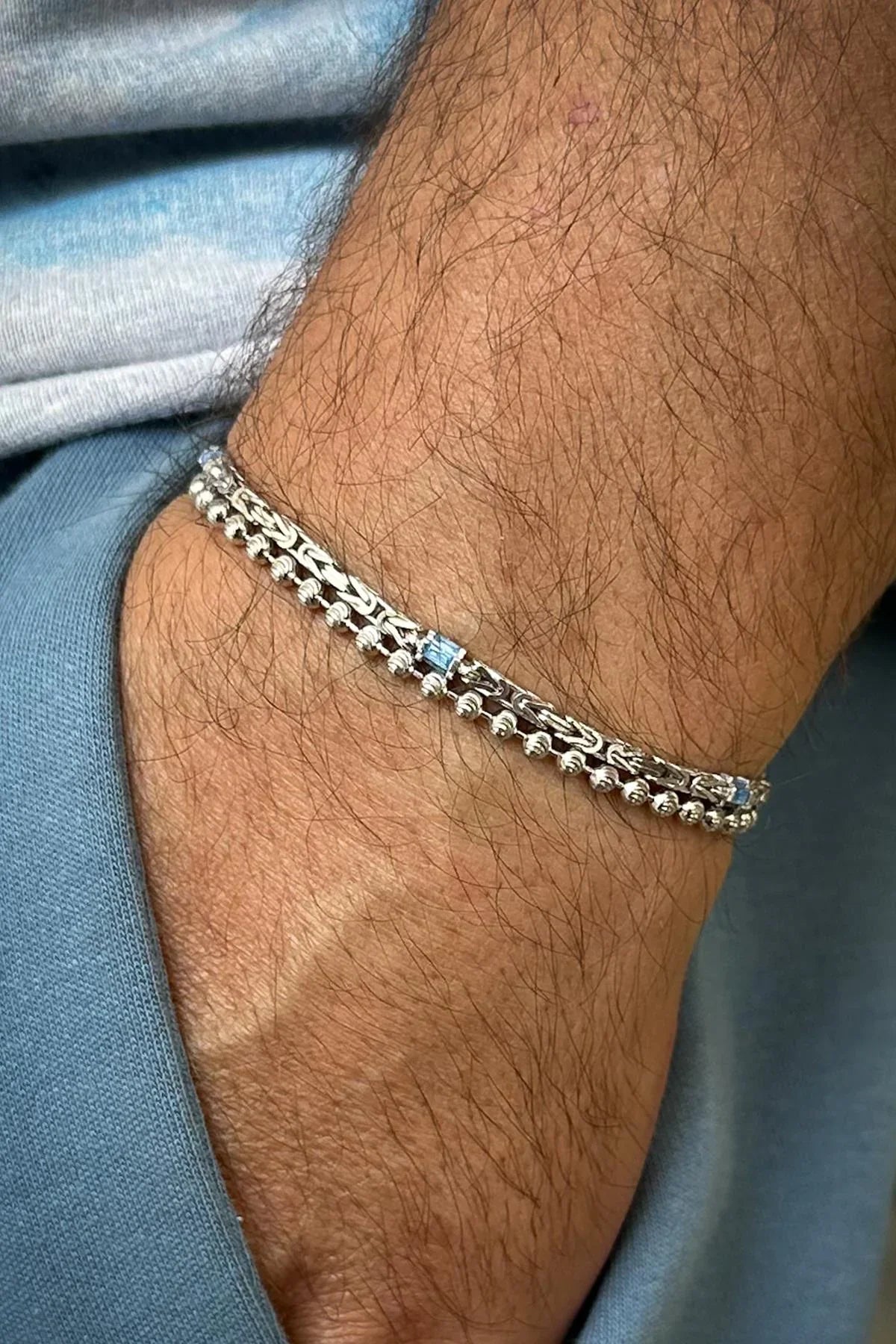 FRNCH 925 Ayar Gümüş İtalyan Model Mavi Renk Zirkon Taşlı Gümüş Renk Erkek Bileklik Set FRJ12601-3601-M