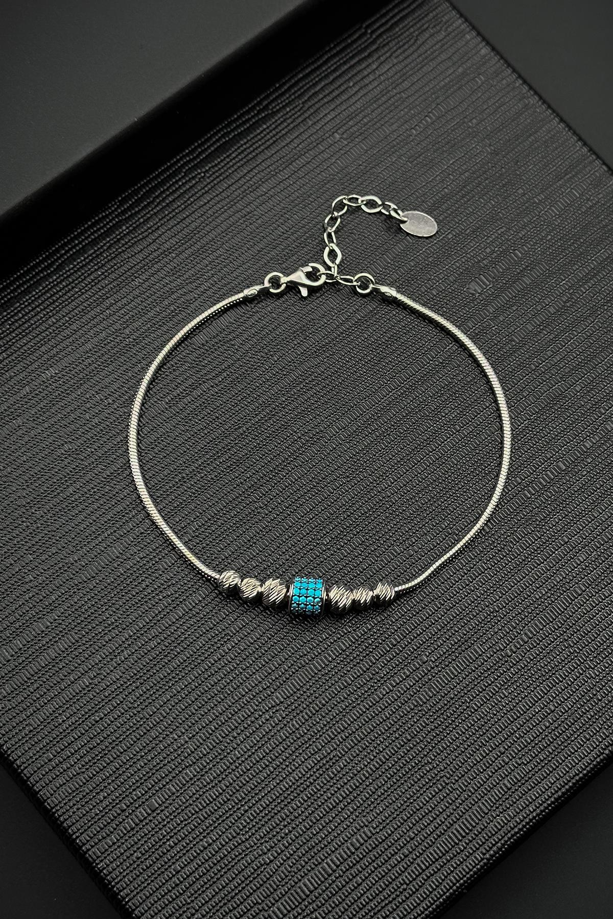 FRNCH 925 Ayar Gümüş İtalyan Model Mavi Zirkon Taşlı Gümüş Renk Erkek Bileklik FRJ12523-3523-M