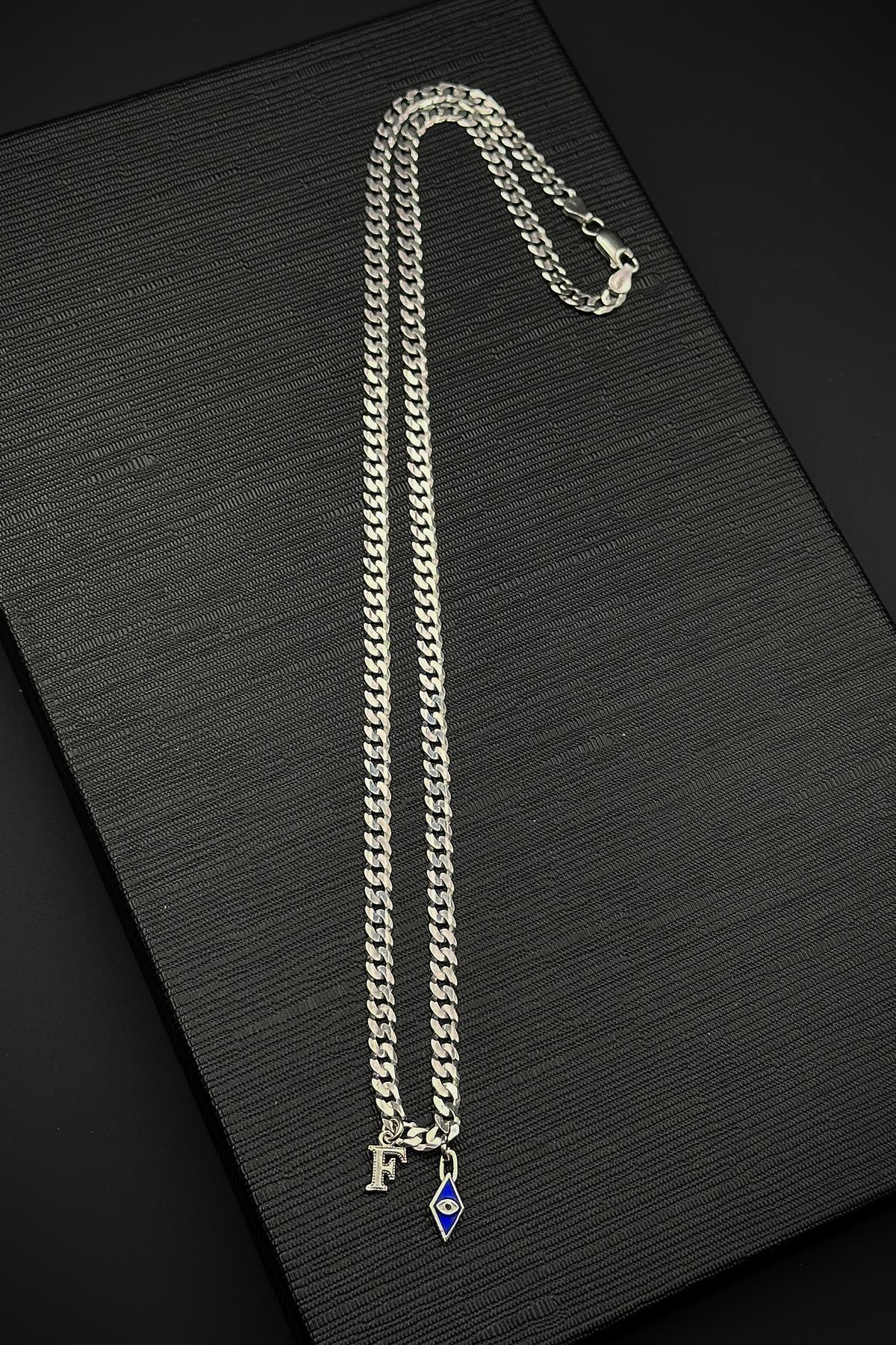 FRNCH 925 Ayar Gümüş İtalyan Model Nazar Boncuk ve Harfli Erkek Kolye FRJ30839-939-A