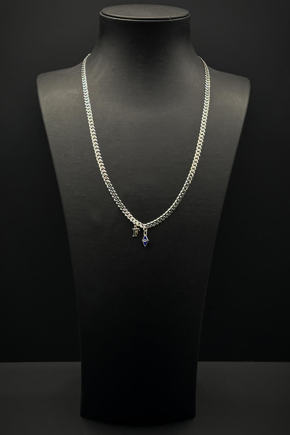 FRNCH 925 Ayar Gümüş İtalyan Model Nazar Boncuk ve Harfli Erkek Kolye FRJ30839-939-A