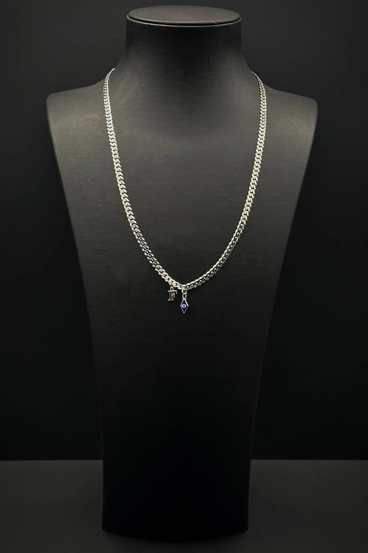 FRNCH 925 Ayar Gümüş İtalyan Model Nazar Boncuk ve Harfli Erkek Kolye FRJ30839-939-A