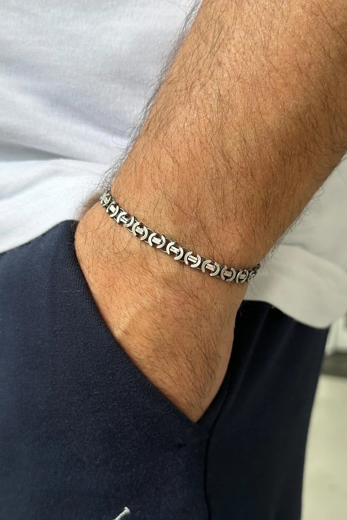 FRNCH 925 Ayar Gümüş İtalyan Model Oksitli Gümüş Renk Erkek Bileklik FRJ12026-3026-A
