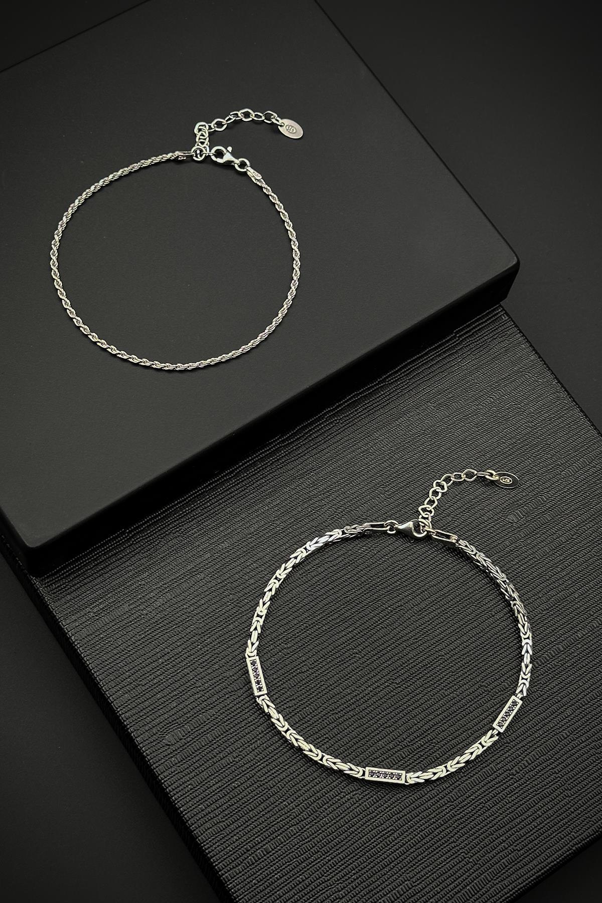 FRNCH 925 Ayar Gümüş İtalyan Model Siyah Zirkon Taşlı Erkek Bileklik Set FRJ12470-3470-AS