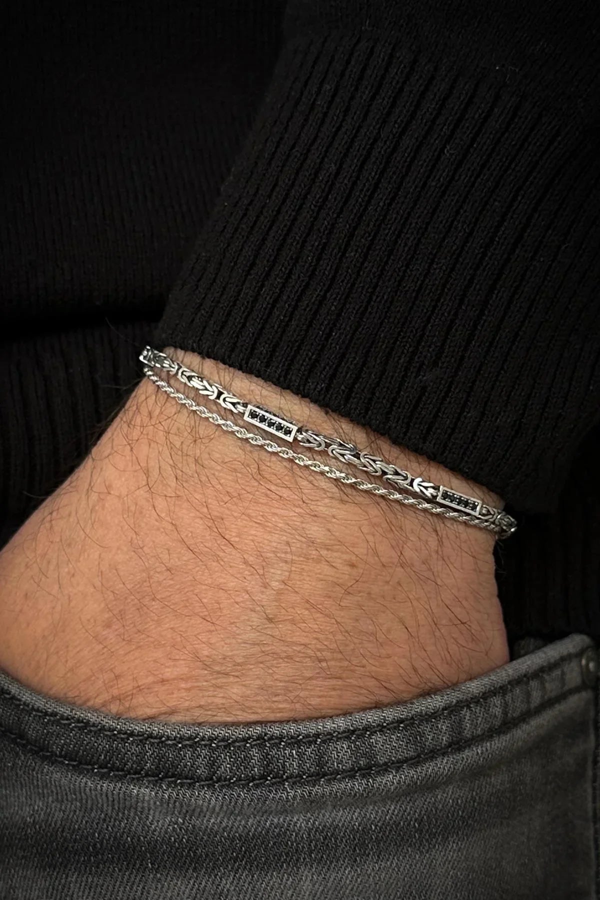 FRNCH 925 Ayar Gümüş İtalyan Model Siyah Zirkon Taşlı Erkek Bileklik Set FRJ12470-3470-AS