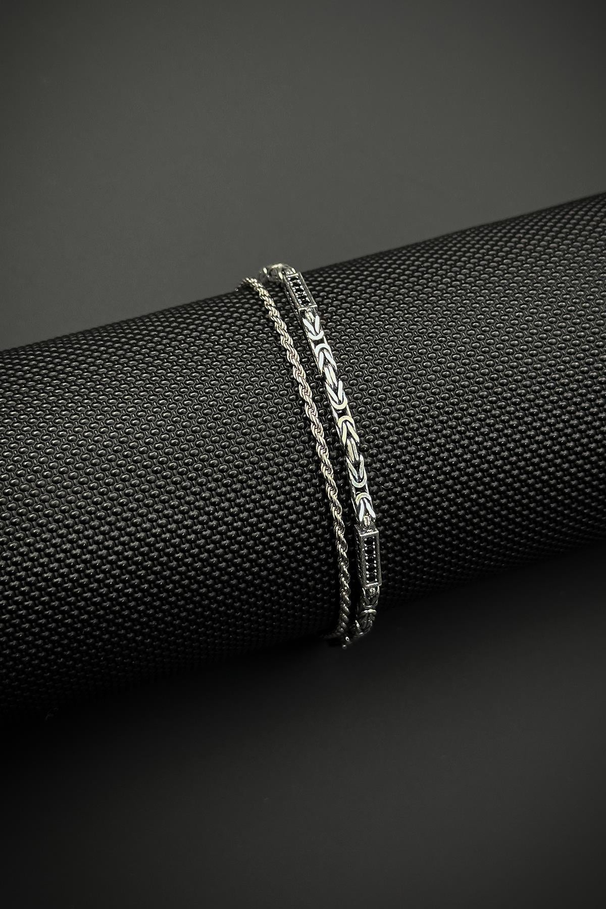 FRNCH 925 Ayar Gümüş İtalyan Model Siyah Zirkon Taşlı Erkek Bileklik Set FRJ12470-3470-AS