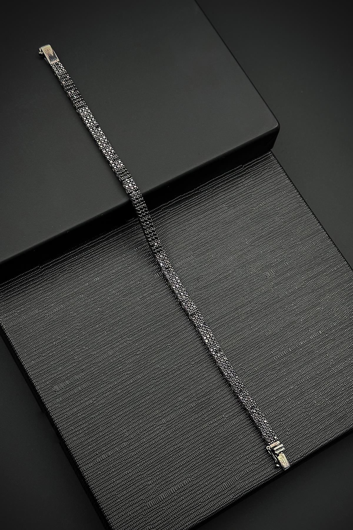 FRNCH 925 Ayar Gümüş İtalyan Model Siyah Zirkon Taşlı Gümüş Renk Erkek Bileklik FRJ12531-3531-S