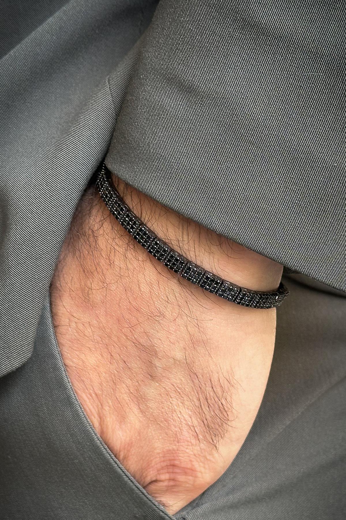 FRNCH 925 Ayar Gümüş İtalyan Model Siyah Zirkon Taşlı Gümüş Renk Erkek Bileklik FRJ12531-3531-S