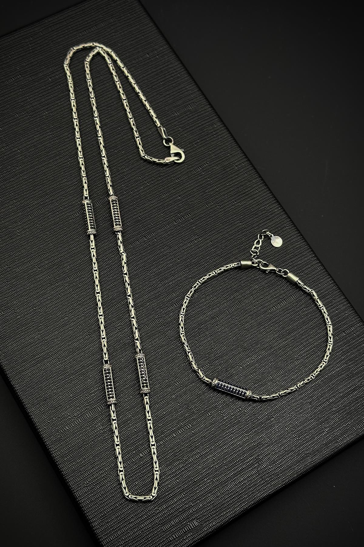 FRNCH 925 Ayar Gümüş İtalyan Model Siyah Zirkon Taşlı Gümüş Renk Erkek Bileklik/Kolye Set FRJ12251-3251-S