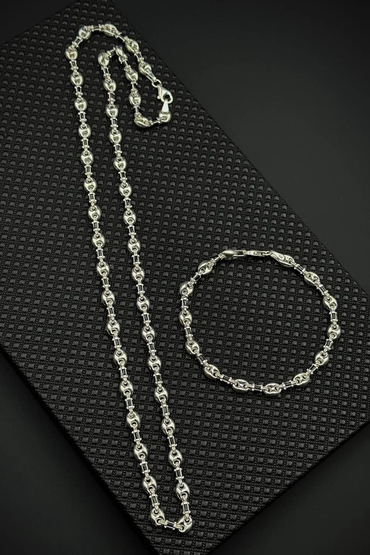 FRNCH 925 Ayar Gümüş İtalyan Model Siyah Zirkon Taşlı Gümüş Renk Erkek Bileklik/Kolye Set FRJ12715-3715-S