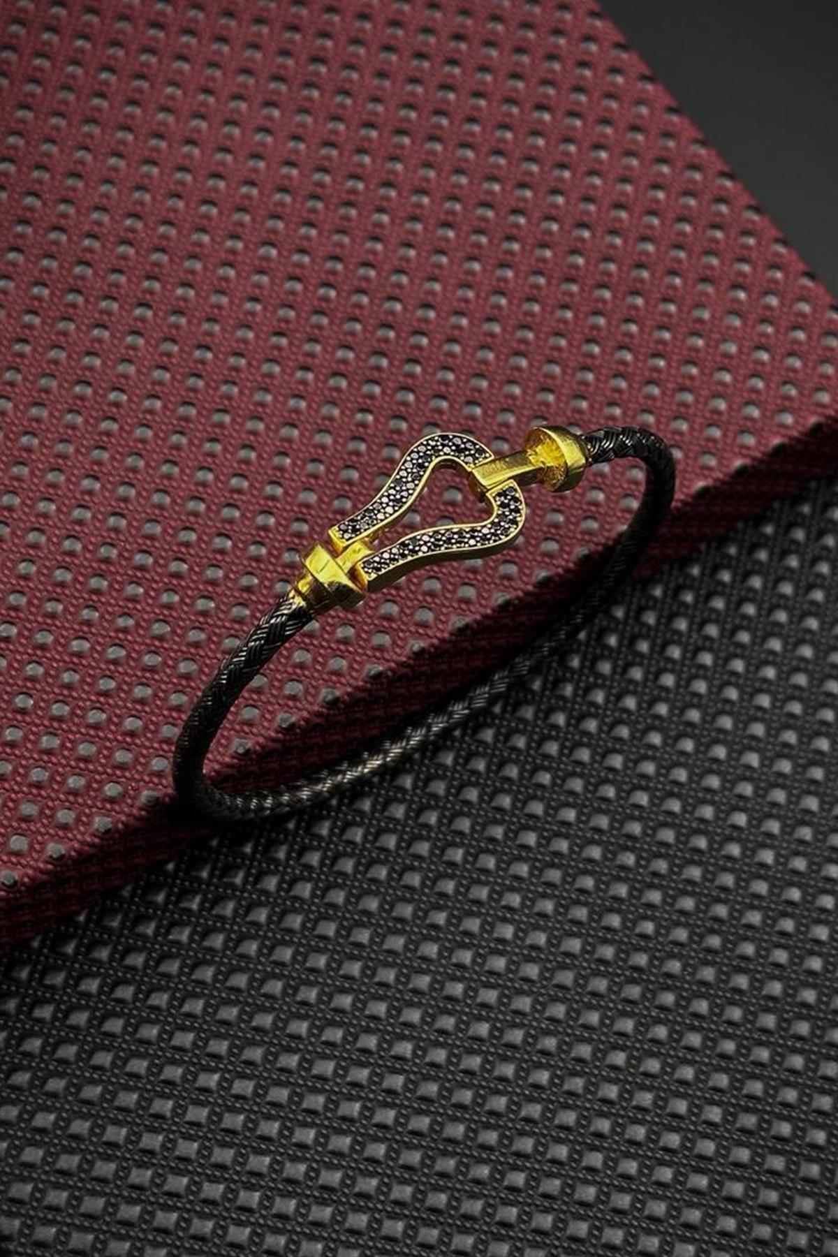 FRNCH 925 Ayar Gümüş İtalyan Model Siyah Zirkon Taşlı Siyah-Altın Renk Erkek Bileklik FRJ12713-3713-B2G