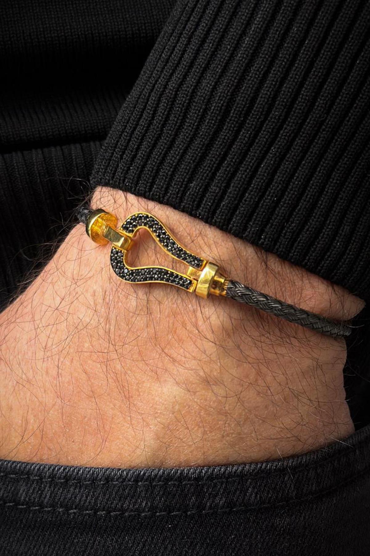 FRNCH 925 Ayar Gümüş İtalyan Model Siyah Zirkon Taşlı Siyah-Altın Renk Erkek Bileklik FRJ12713-3713-B2G