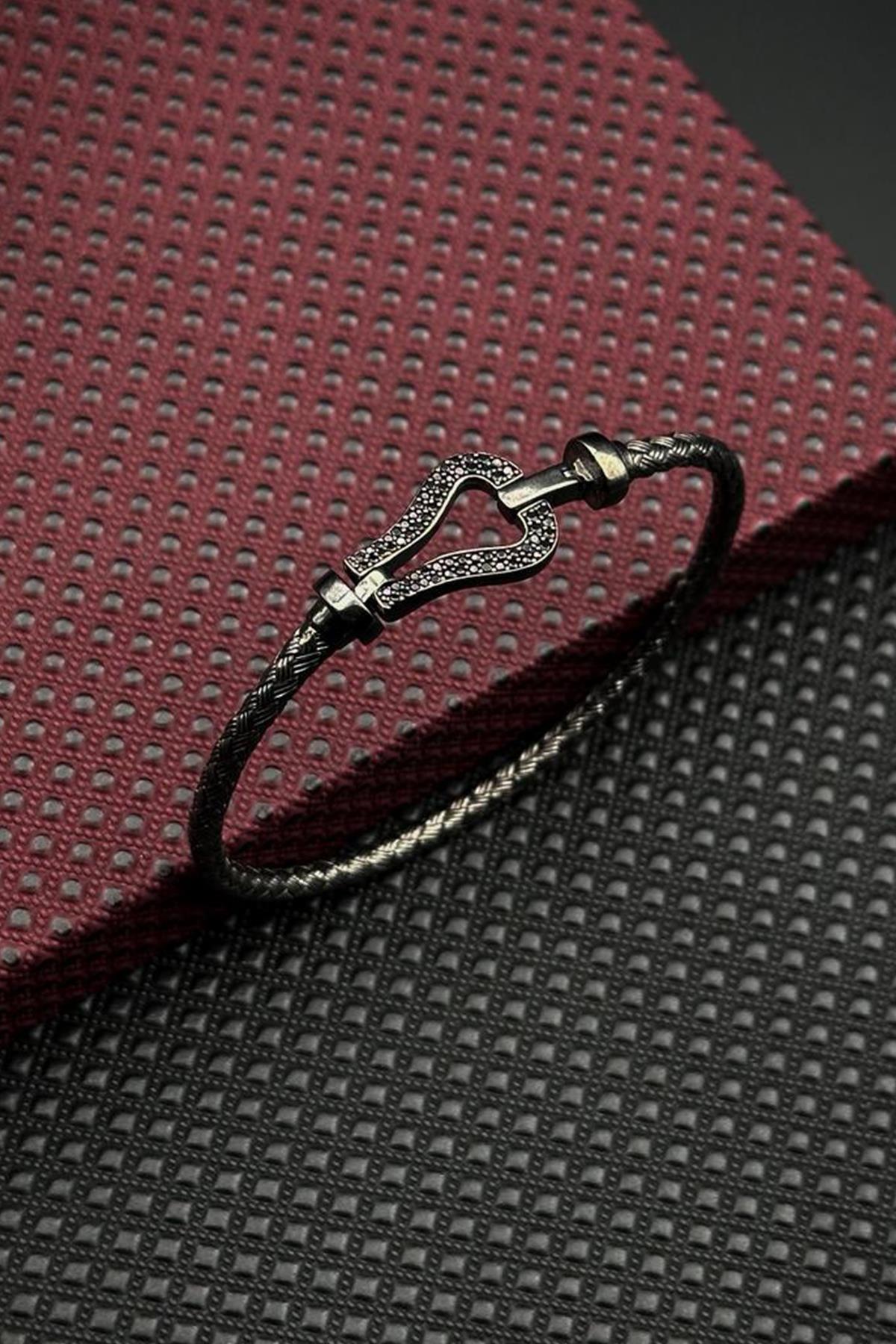 FRNCH 925 Ayar Gümüş İtalyan Model Siyah Zirkon Taşlı Siyah Renk Erkek Bileklik FRJ12713-3713-B2