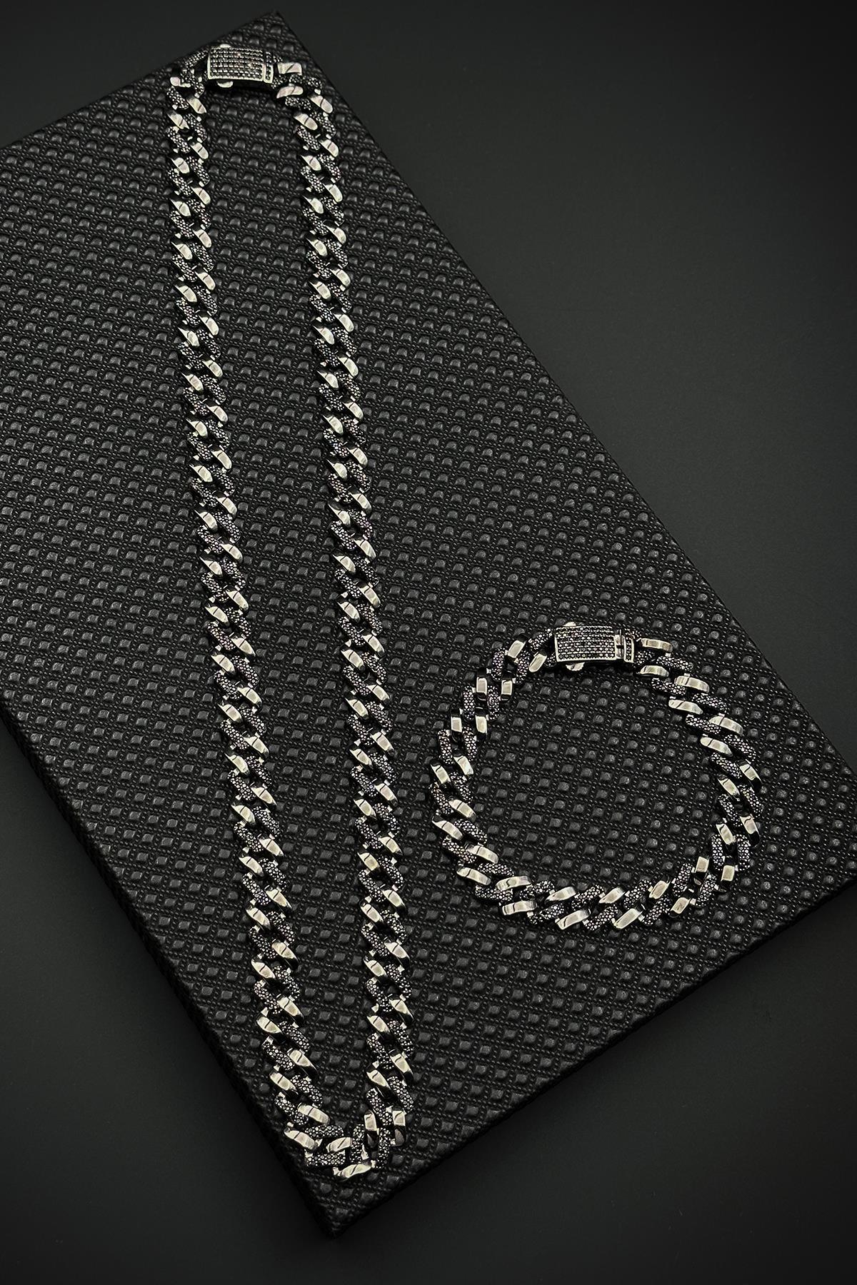 FRNCH 925 Ayar Gümüş İtalyan Model Siyah Zirkon Taşlı Siyah Renk Erkek Bileklik/Kolye Set FRJ12639-3639-S