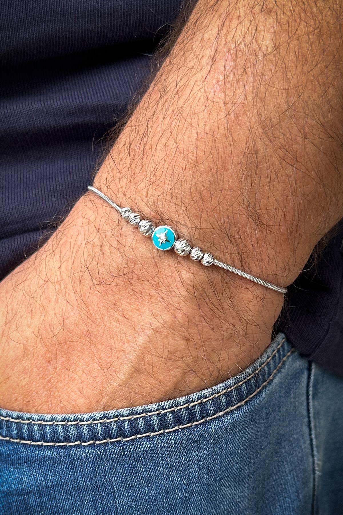 FRNCH 925 Ayar Gümüş İtalyan Model Turkuaz Renk Erkek Bileklik FRJ12329-3329-MA