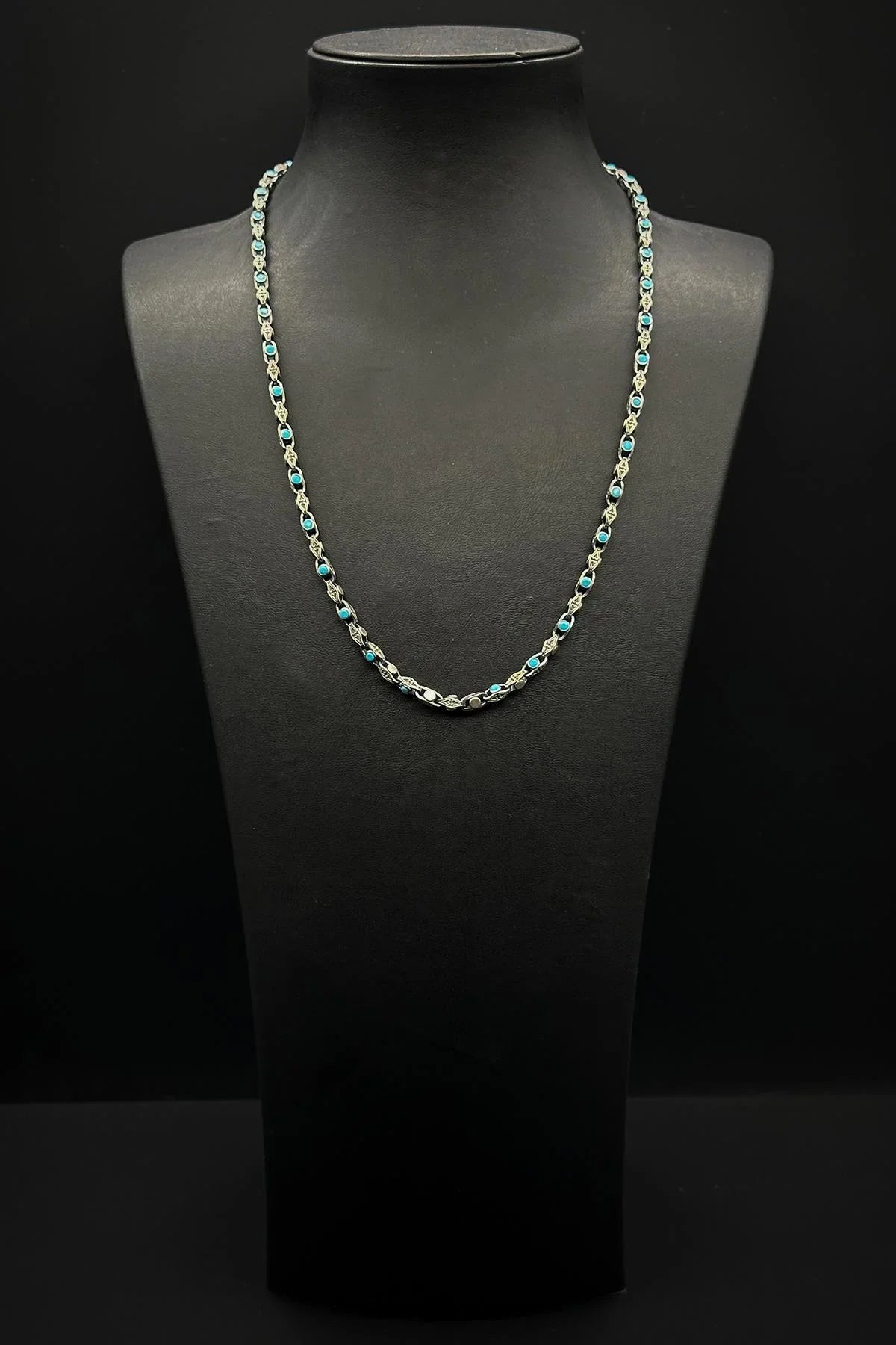 FRNCH 925 Ayar Gümüş İtalyan Model Turkuaz Renk Zirkon Taşlı Erkek Kolye FRJ30768-868-M