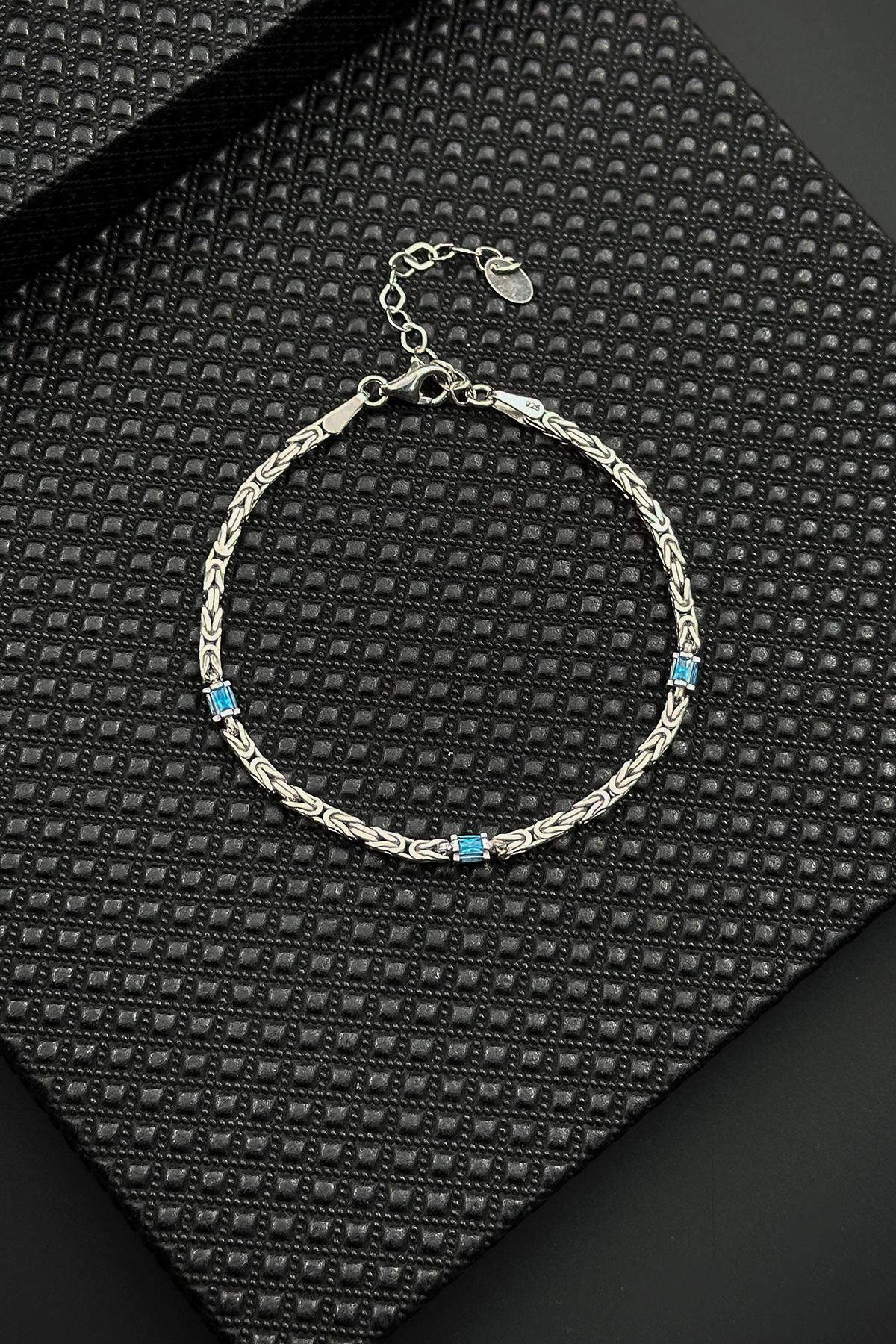 FRNCH 925 Ayar Gümüş İtalyan Model Turkuaz Zirkon Taşlı Gümüş Renk Erkek Bileklik FRJ12361-3361-M