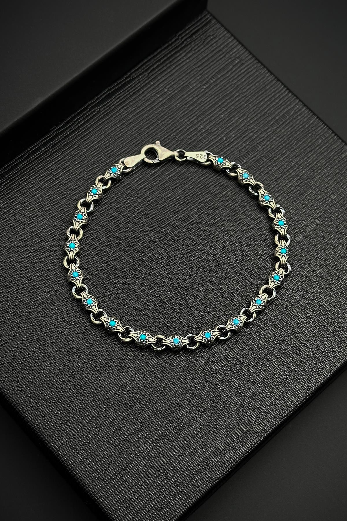 FRNCH 925 Ayar Gümüş İtalyan Model Turkuaz Zirkon Taşlı Gümüş Renk Erkek Bileklik FRJ12414-3414-M
