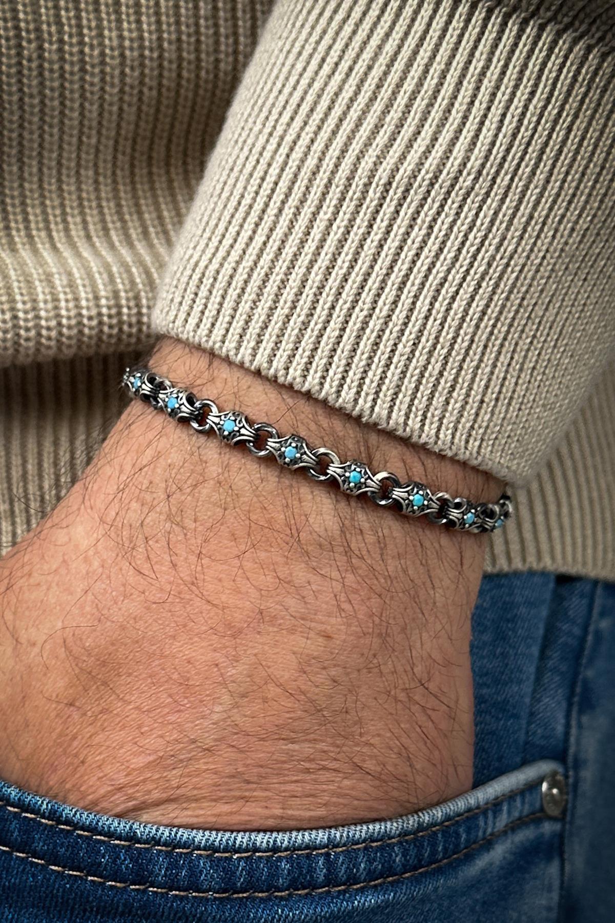 FRNCH 925 Ayar Gümüş İtalyan Model Turkuaz Zirkon Taşlı Gümüş Renk Erkek Bileklik FRJ12414-3414-M