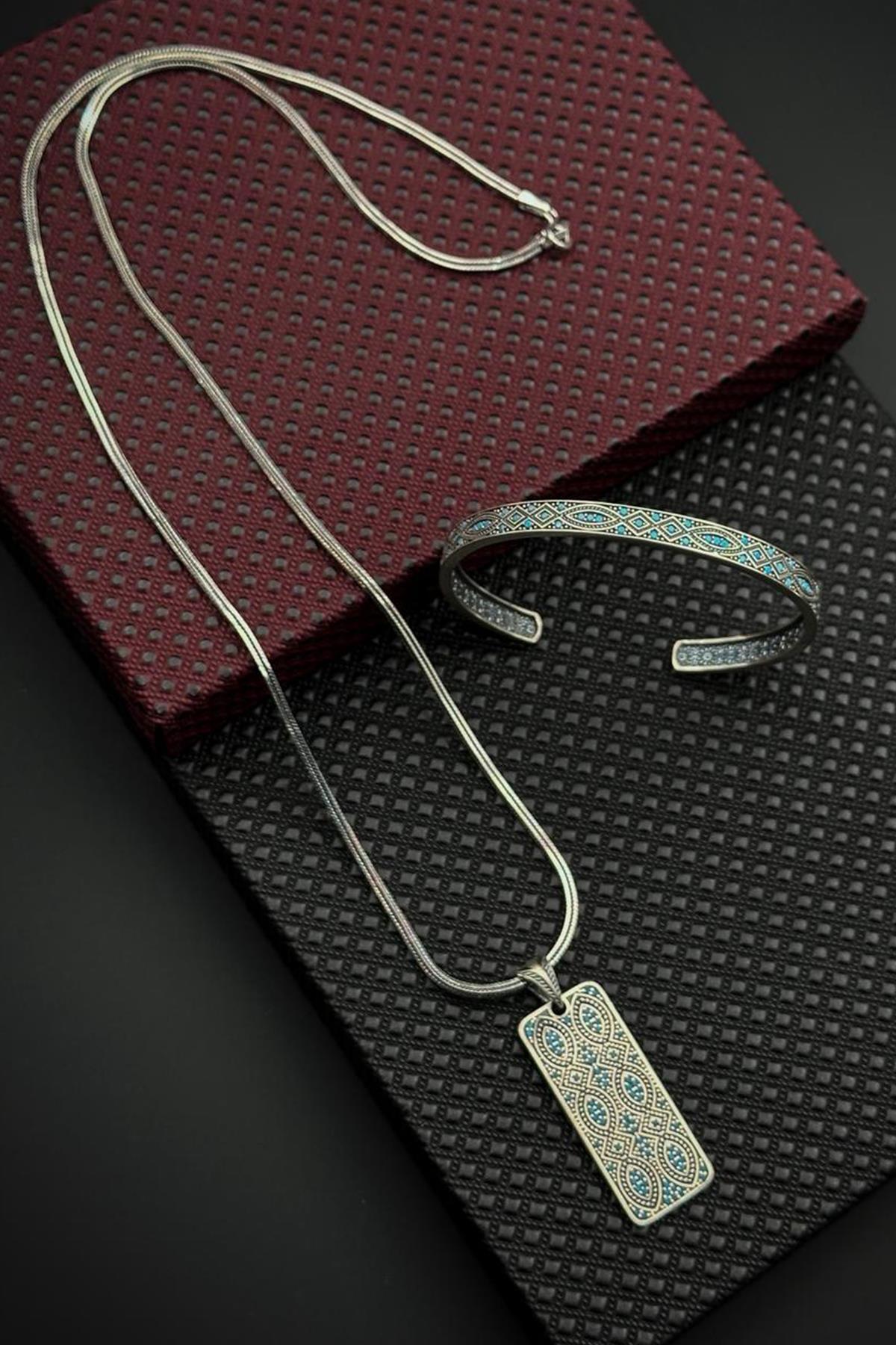 FRNCH 925 Ayar Gümüş İtalyan Model Turkuaz Zirkon Taşlı Gümüş Renk Erkek Bileklik/Kolye Set FRJ12716-3716-M