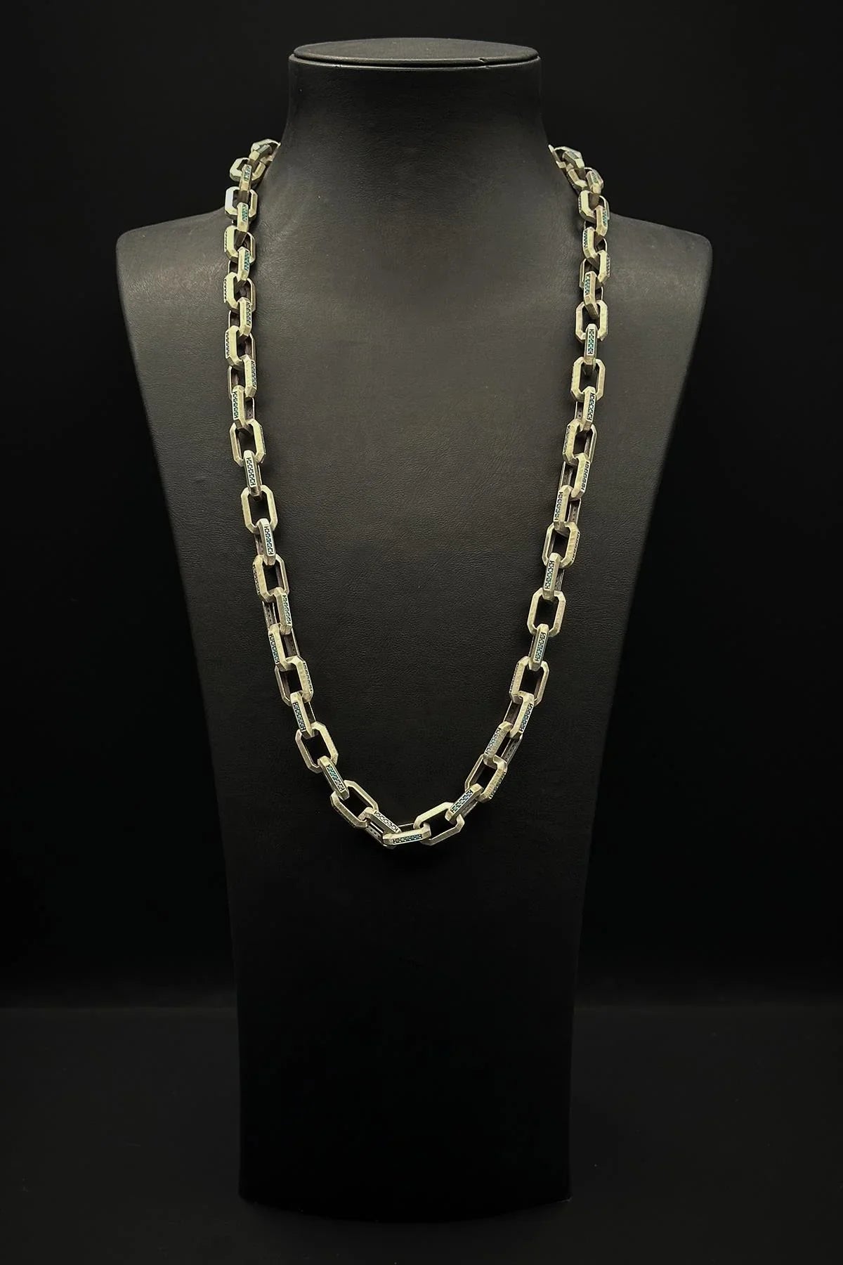 FRNCH 925 Ayar Gümüş İtalyan Model Turkuaz Zirkon Taşlı Gümüş Renk Erkek Kolye FRJ30803-903-MA