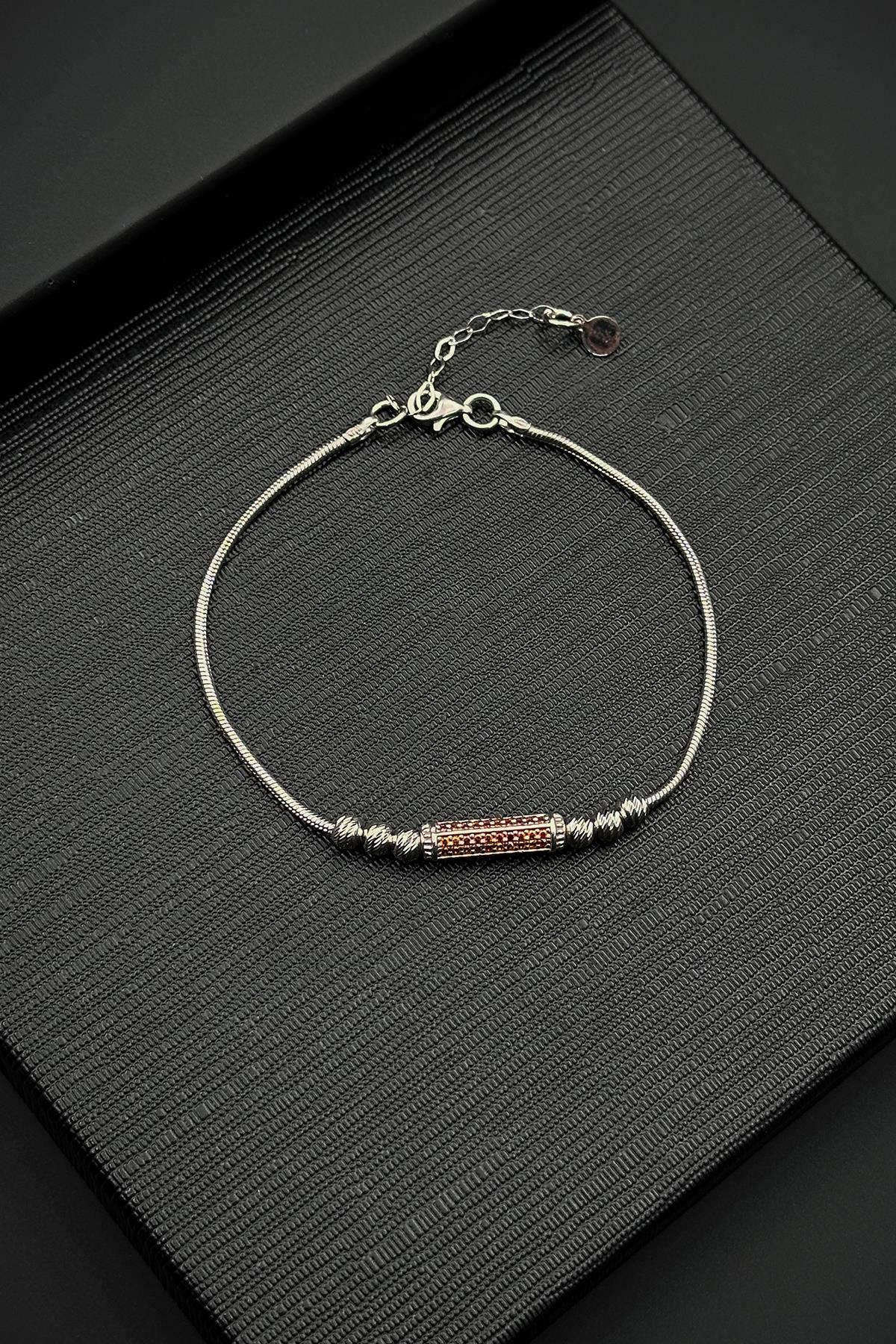 FRNCH 925 Ayar Gümüş İtalyan Model Turuncu Zirkon Taşlı Gümüş Renk Erkek Bileklik FRJ12356-3356-T