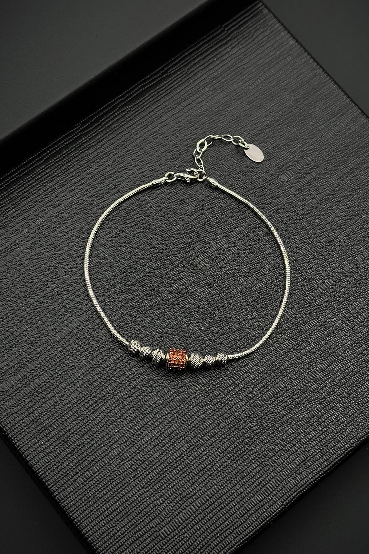 FRNCH 925 Ayar Gümüş İtalyan Model Turuncu Zirkon Taşlı Gümüş Renk Erkek Bileklik FRJ12523-3523-T