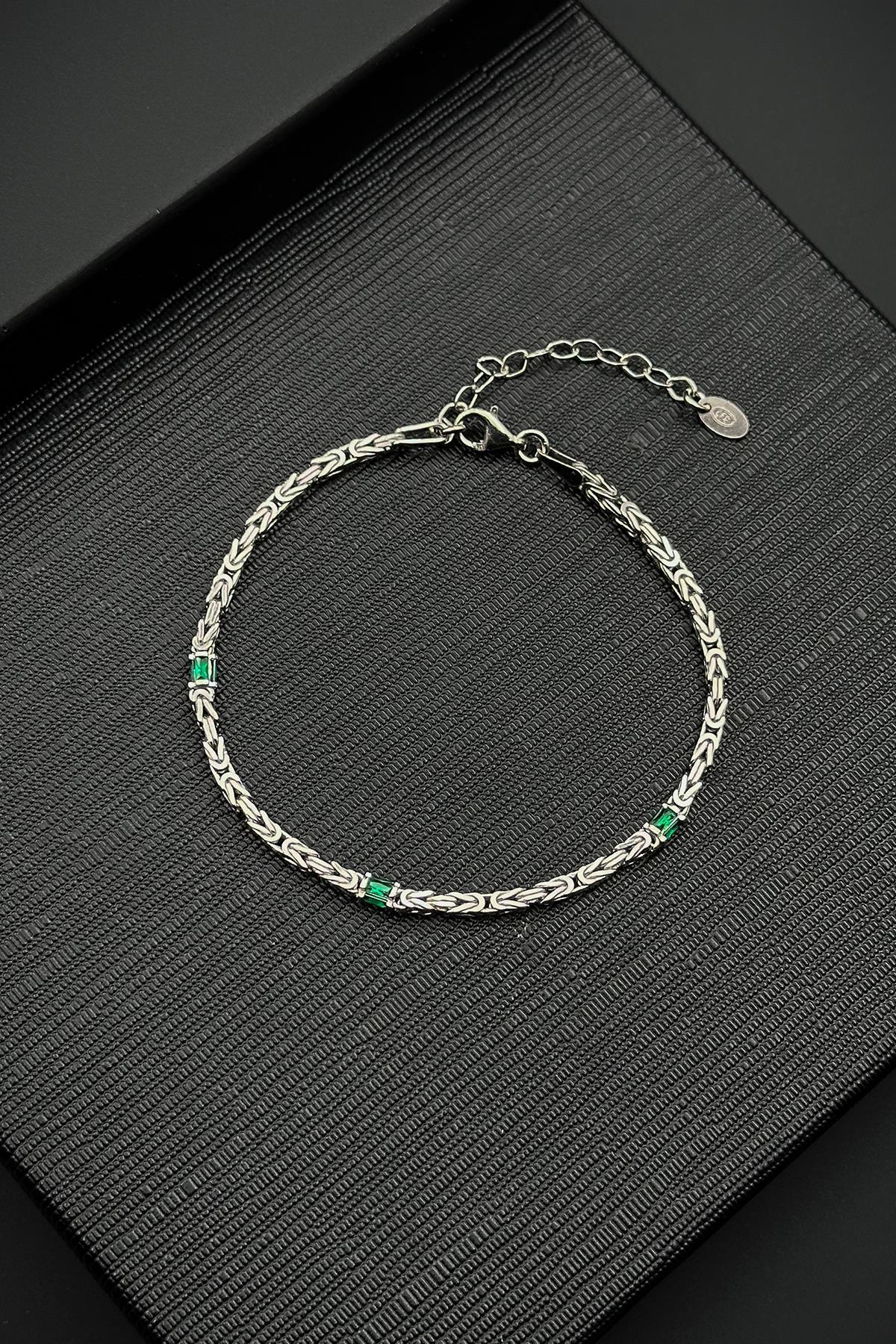 FRNCH 925 Ayar Gümüş İtalyan Model Yeşil Zirkon Taşlı Gümüş Renk Erkek Bileklik FRJ12361-3361-Y