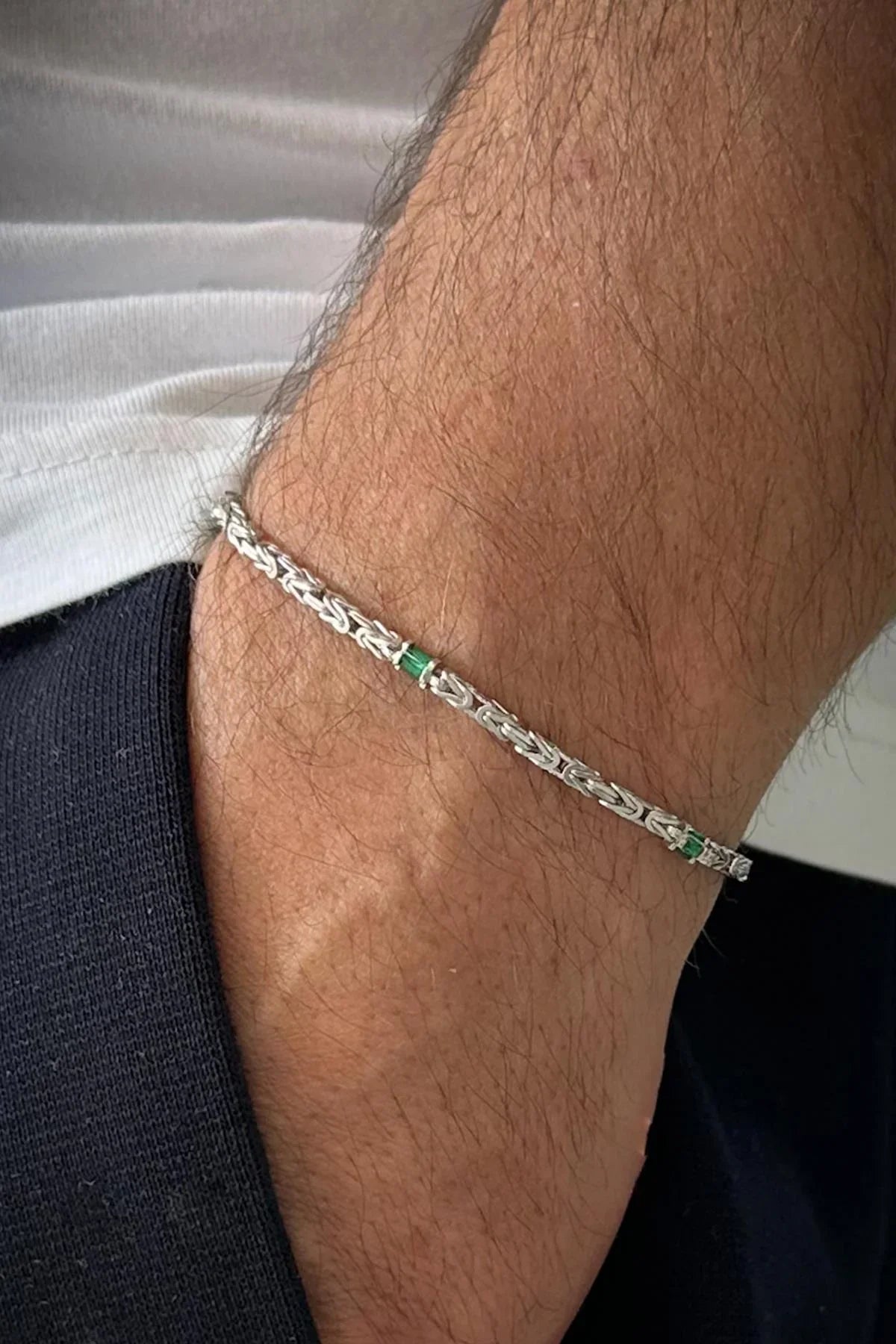 FRNCH 925 Ayar Gümüş İtalyan Model Yeşil Zirkon Taşlı Gümüş Renk Erkek Bileklik FRJ12361-3361-Y