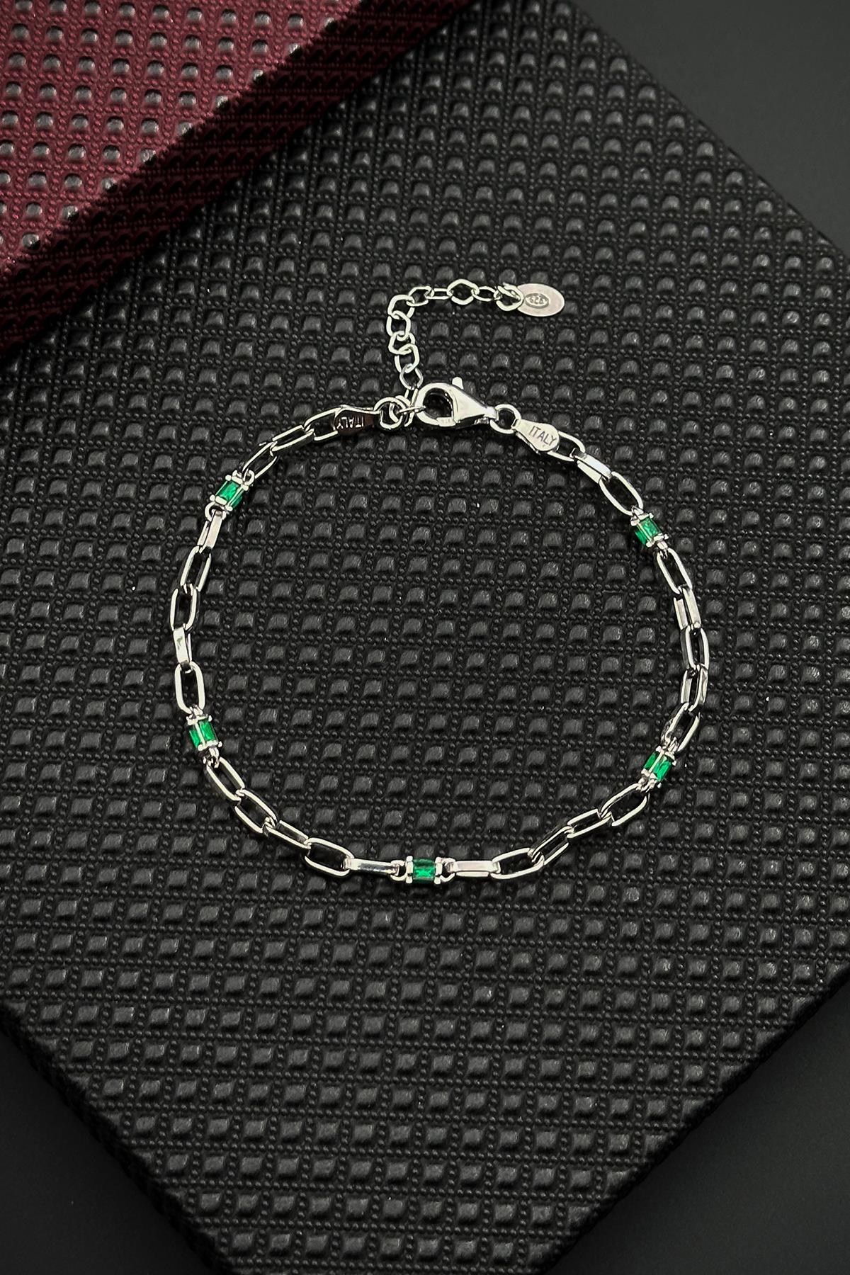 FRNCH 925 Ayar Gümüş İtalyan Model Yeşil Zirkon Taşlı Gümüş Renk Erkek Bileklik FRJ12666-3666-Y