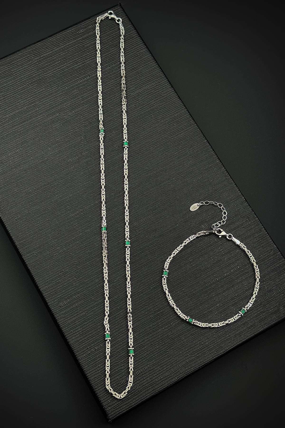 FRNCH 925 Ayar Gümüş İtalyan Model Yeşil Zirkon Taşlı Gümüş Renk Erkek Bileklik/Kolye Set FRJ12578-3578-Y