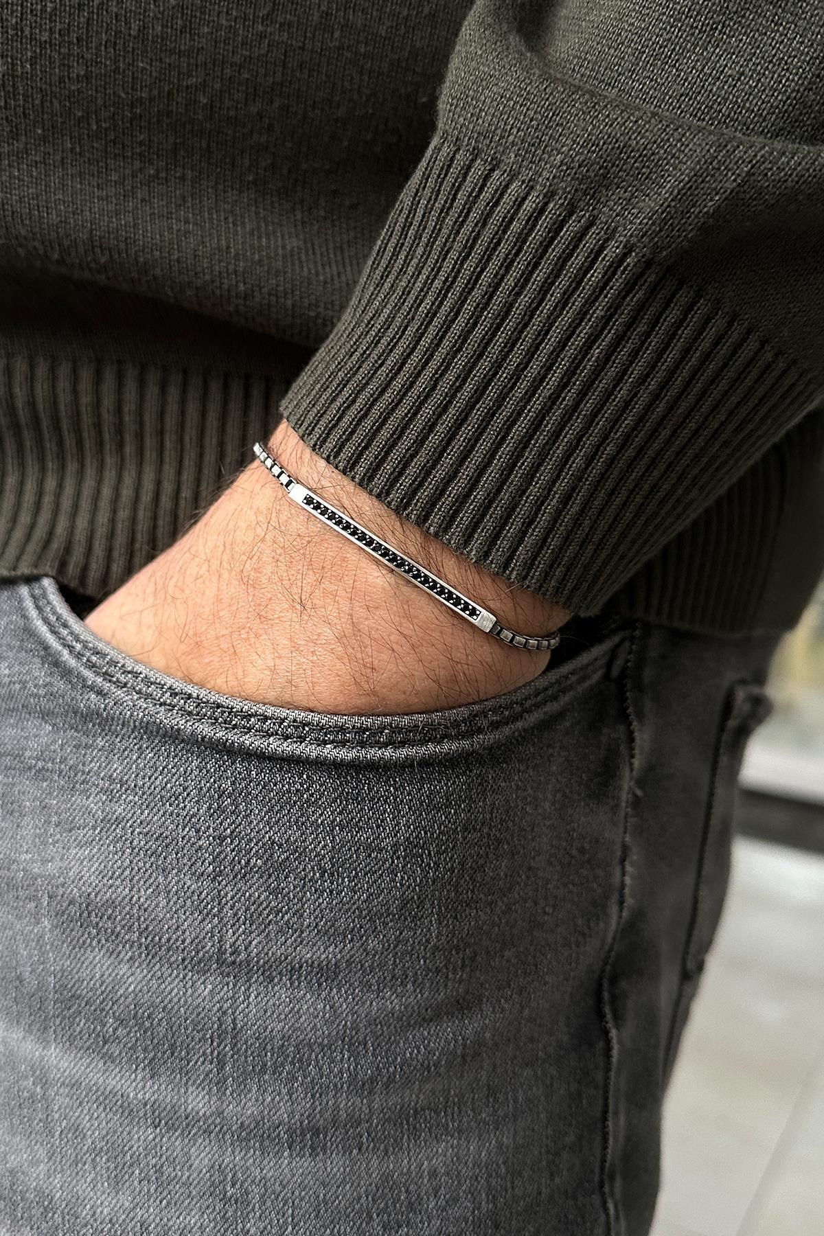 FRNCH 925 Ayar Gümüş İtalyan Model Zirkon Taşlı Gümüş Renk Erkek Bileklik FRJ12050-3050-S